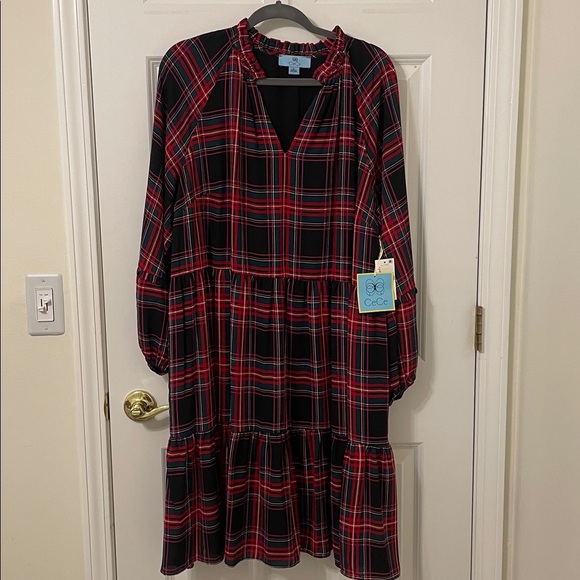 CeCe Red and Black Checkered Tartan Long Sleeve Dress 2X NWT - Picture 1 of 7